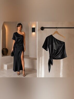 HaNey Black Silk One Shoulder Top Women’s 4 Asymmetrical Tie Waist Blouse new!